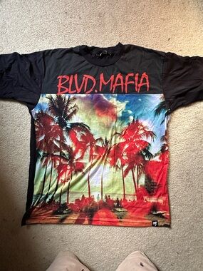BLVD Black Tee with Multicolor Tropical Print